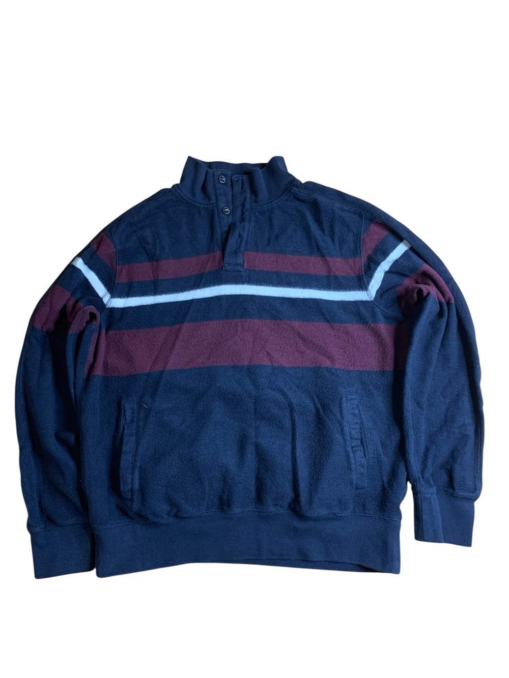 CHAPS Men's Large Striped Fleece Pullover Mock Neck 1/4 Button Sweater Navy
